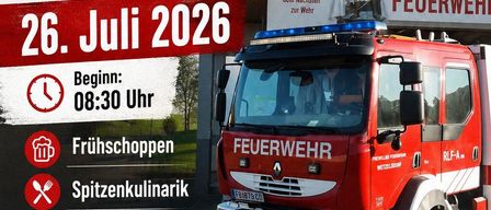 Feuerwehr in Wetzlsdorf bei Jagerberg am 26. Juli 2026, Beginn um 08:30 Uhr. Mit Frühstück, kulinarischen Genüssen, Live-Musik, Kinderprogramm und vielem mehr.