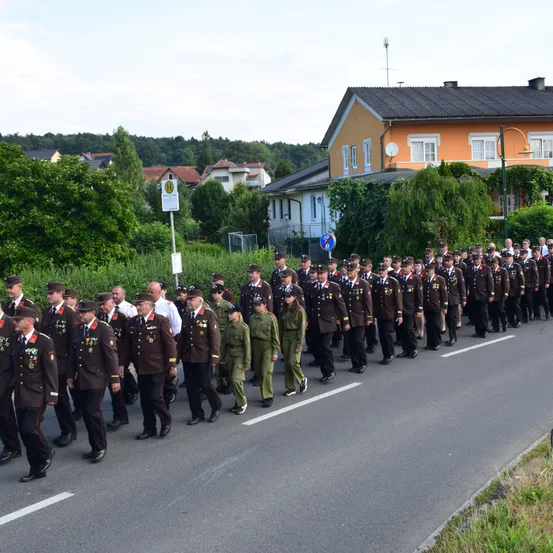 Ein Militäraufmarsch mit Soldaten in Uniform, die eine Straße hinuntermarschieren, mit Häusern und Grünflächen im Hintergrund.