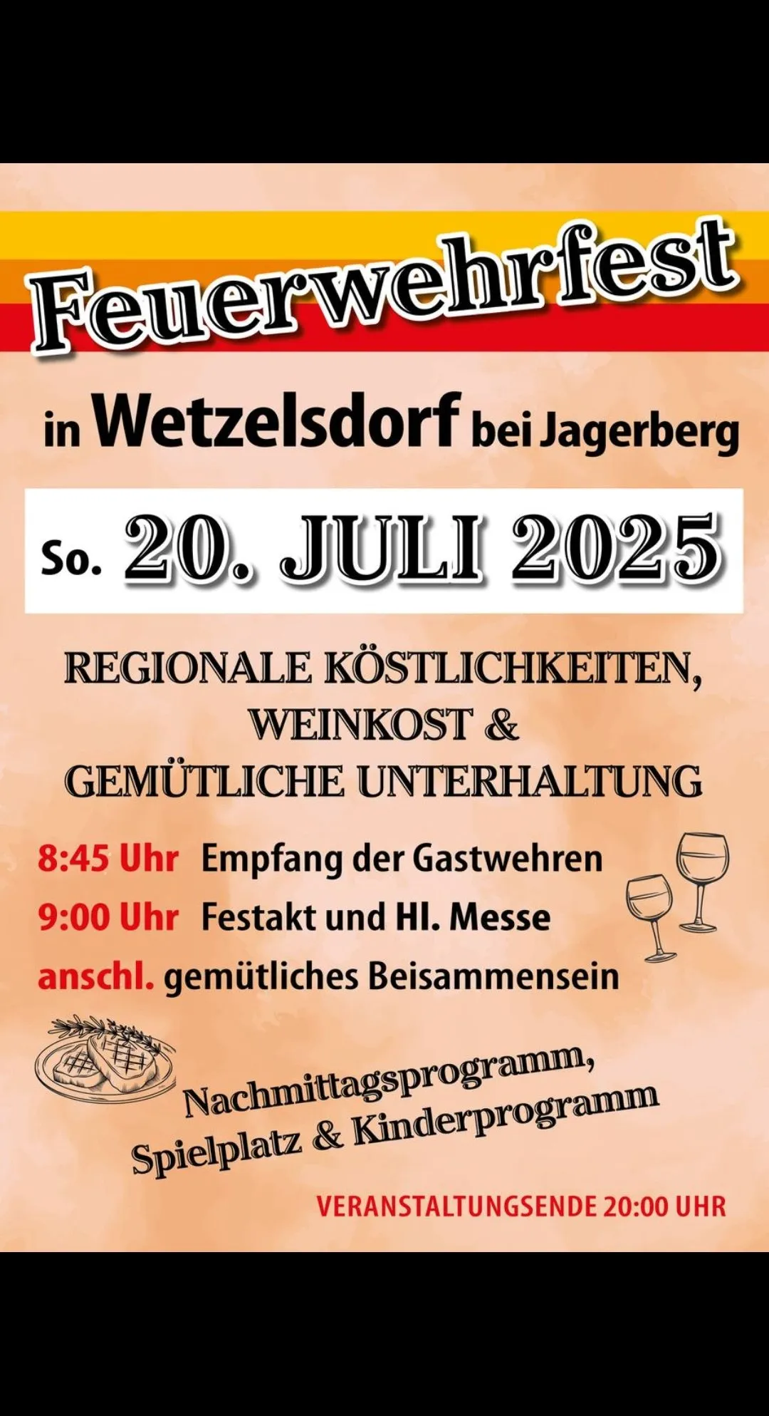 Postkarte aus Wetzelsdorf bei Jgerberg. Veranstaltung am 20. Juli 2025. Regionale Spezialitten, Weinprobe und gesellige Zusammenkunft. Empfang um 8:45 Uhr, Festakt und H. Messe um 9:00 Uhr, anschlieend geselliges Beisammensein.
