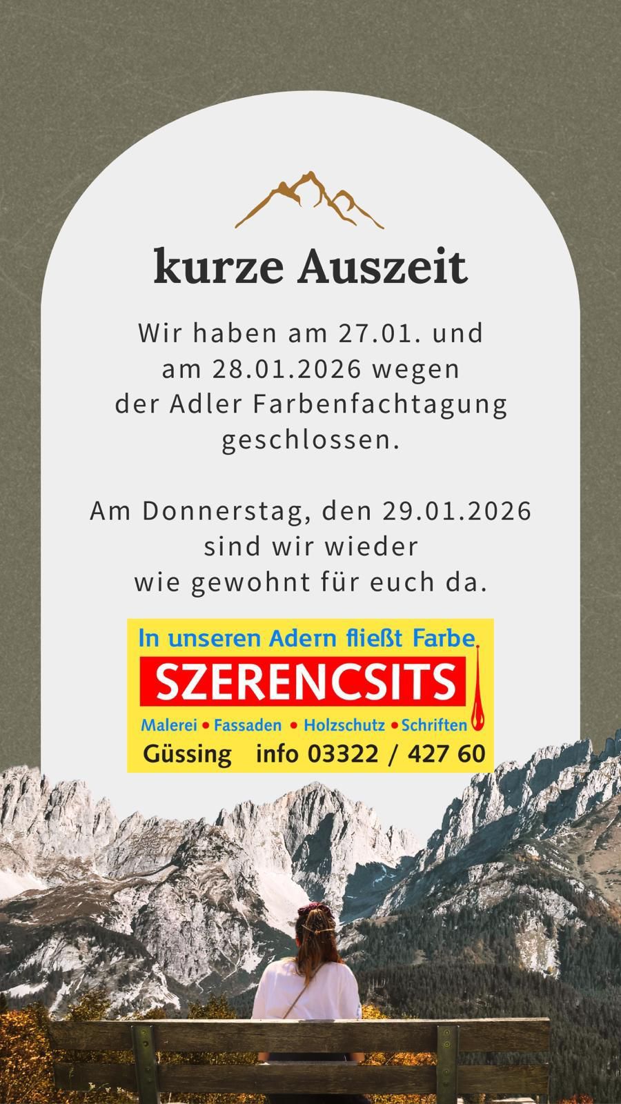 Kurze Ankündigung: Wir haben am 27.01. und 28.01.2026 wegen der Adler Farbnacht geschlossen. Am Donnerstag, den 29.01.2026 sind wir wieder wie gewohnt für Sie da. Kontaktinformationen und angebotene Dienstleistungen werden bereitgestellt.