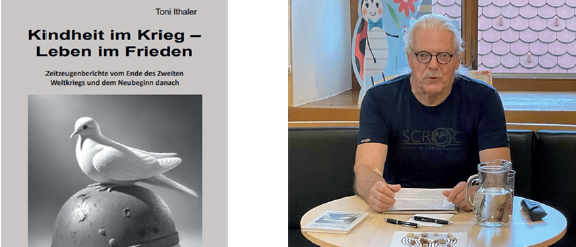 Ein Buchcover zeigt eine Taube auf einem Helm. Ein älterer Mann schreibt an einem Tisch.