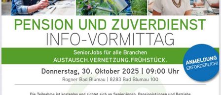 The flyer promotes a free info-morning event about pensions and supplementary benefits. It is for seniors, pensioners, and companies in the region. The event includes a presentation, networking, and breakfast. Registration is required.