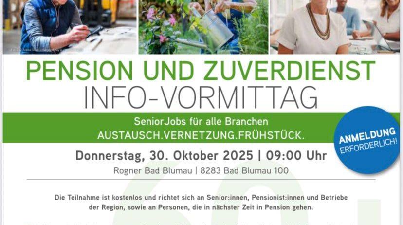 Der Flyer bewirbt eine kostenlose Info-Veranstaltung über Renten und Zuverdienste. Sie ist für Senioren, Rentner und Unternehmen in der Region gedacht. Die Veranstaltung umfasst einen Vortrag, Networking und Frühstück. Eine Anmeldung ist erforderlich.