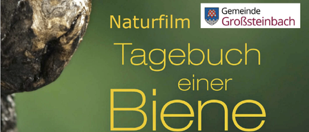 Ein Poster für einen Naturfilm mit dem Titel 'Tagebuch einer Biene' zeigt eine Nahaufnahme einer Biene auf einem Blatt vor einem grünen Hintergrund.