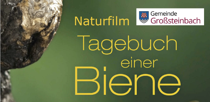 Ein Poster für einen Naturfilm mit dem Titel 'Tagebuch einer Biene' zeigt eine Nahaufnahme einer Biene auf einem Blatt vor einem grünen Hintergrund.