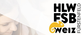 Das Bild zeigt das Logo für HLW FSB Weiz, mit dem Profil einer Frau im Hintergrund. Das Logo enthält den Text 'HLW FSB' in fetten schwarzen Buchstaben, mit 'Weiz' darunter. Das Logo enthält auch ein gelbes Chamäleon-Symbol auf der rechten Seite.