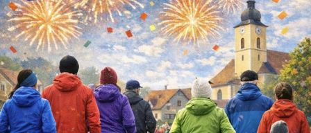 Plakat für Silvesterlauf-Veranstaltung, zeigt Menschen in Jacken, die auf einer Straße mit Feuerwerk im Hintergrund laufen.
