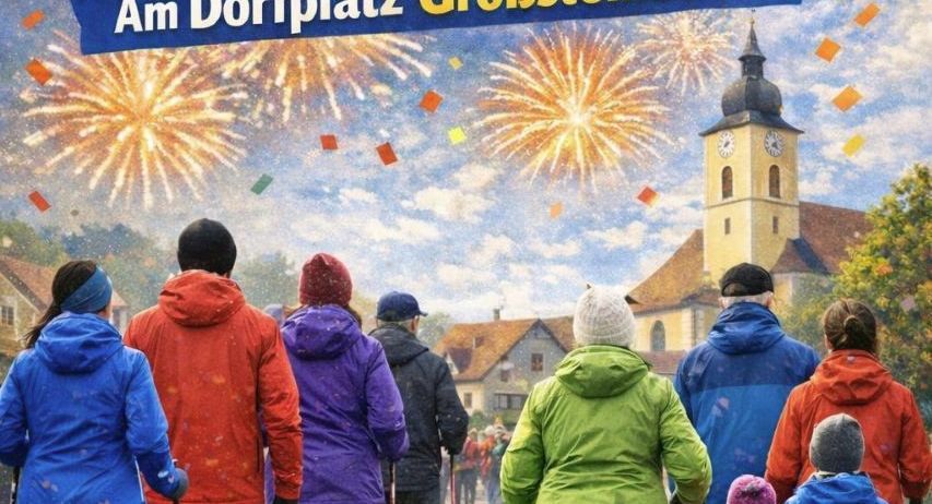Plakat für Silvesterlauf-Veranstaltung, zeigt Menschen in Jacken, die auf einer Straße mit Feuerwerk im Hintergrund laufen.