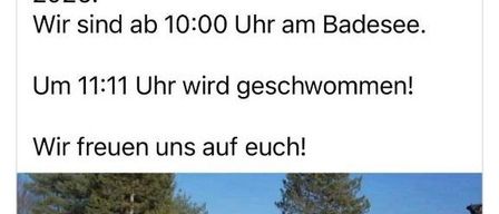 Ein Beitrag lädt zum Neujahrsschwimmen in GroBsteinbach ein, Beginn um 10:00 Uhr, Schwimmen um 11:11 Uhr. Viele Menschen sind im Wasser.