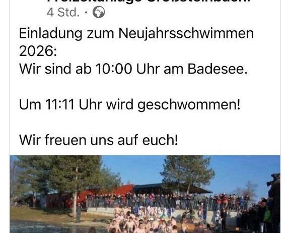 Ein Beitrag lädt zum Neujahrsschwimmen in GroBsteinbach ein, Beginn um 10:00 Uhr, Schwimmen um 11:11 Uhr. Viele Menschen sind im Wasser.