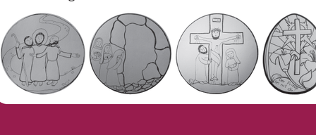 Four oval-shaped illustrations: Jesus with two followers, a family inside a cave, Jesus on a cross, and a cross with lilies.