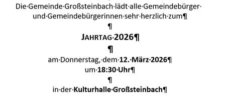 Die Gemeinde Grofsteinbach lädt alle Gemeindemitglieder herzlich zum Jahrestag 2026 am Donnerstag, dem 12. März 2026, um 18:30 Uhr in der Kulturhalle Grofsteinbach ein.