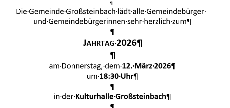 Die Gemeinde Grofsteinbach lädt alle Gemeindemitglieder herzlich zum Jahrestag 2026 am Donnerstag, dem 12. März 2026, um 18:30 Uhr in der Kulturhalle Grofsteinbach ein.