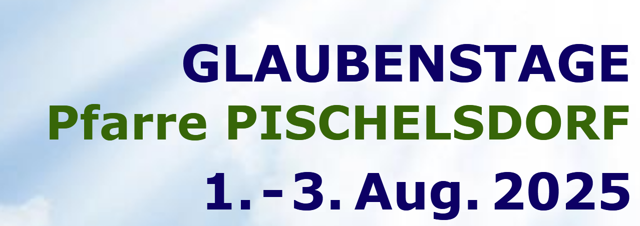 Blaue und grüner Text mit Glauber Pischelsdorf 1.-3. Aug. 2023 auf weißem und blauem Gradientenhintergrund.