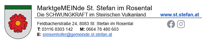 Marktgemeinde St. Stefan im Rosental. Adresse: Feldbacherstraße 24, 8083 St. Stefan im Rosental. Telefon: 03116 8303 142, Mobil: 0664 78 480 603, E-Mail: sreisenhofer@gemeinde.st.stefan.at. Website: www.st.stefan.at.