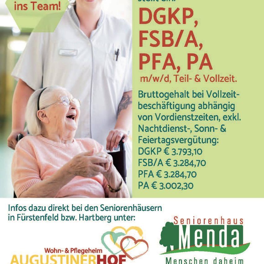 Ein Plakat zeigt eine Krankenschwester mit einer älteren Frau im Rollstuhl. Informationen über Gehälter für verschiedene Pflegepositionen, einschließlich DGKP, FSB/A, PFA und PA. Gehälter für Vollzeitpositionen, ohne Nachtschichten, Sonntage und Feiertage. Gehälter aufgeführt für DGKP, FSB/A, PFA und PA.