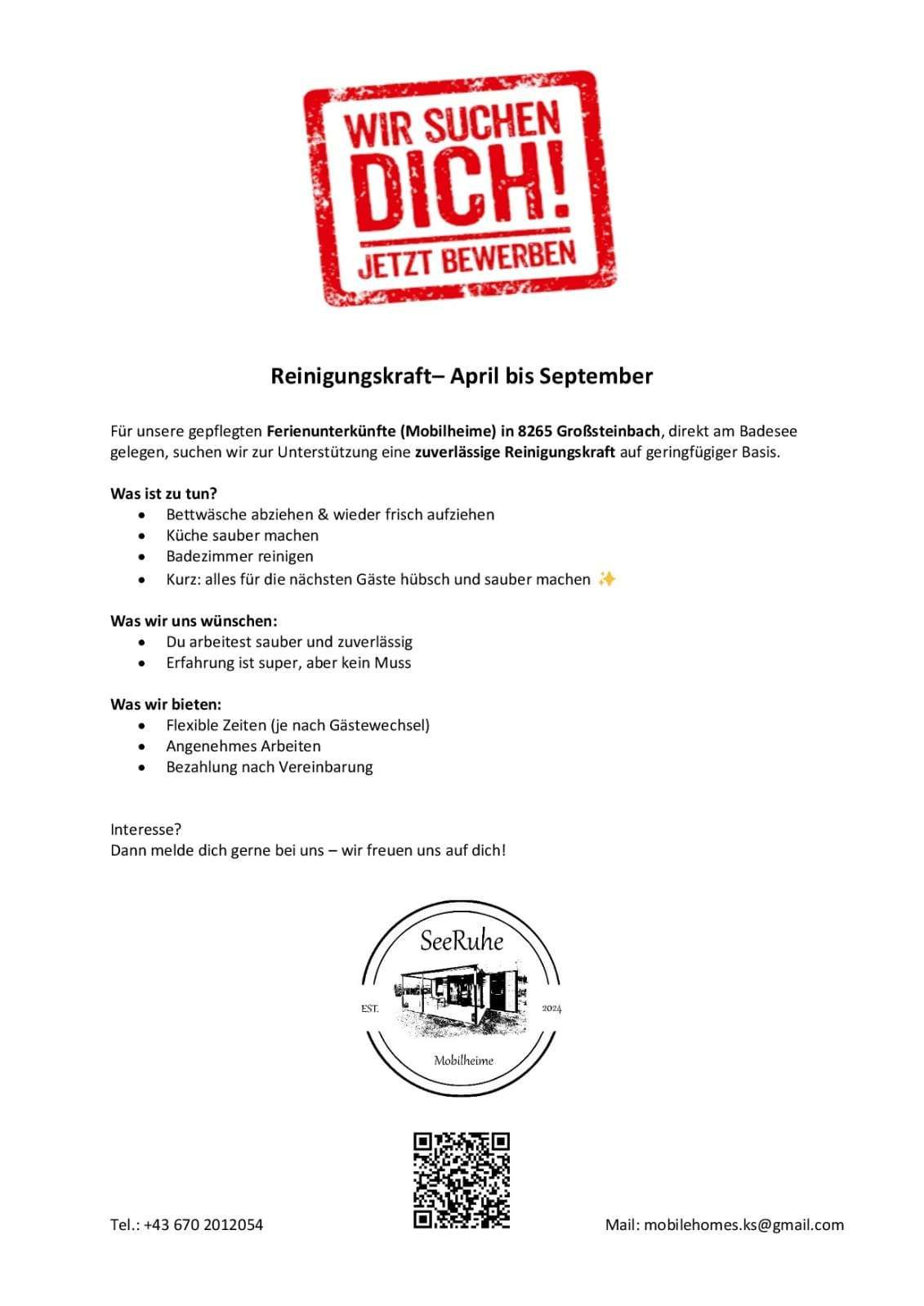 Ein Bild für eine Reinigungsjob-Möglichkeit von April bis September in einem Mobilheim in Badese. Aufgaben umfassen das Waschen von Bettwäsche, die Reinigung der Küche und das Aufräumen des Badezimmers. Flexible Arbeitszeiten, Bezahlung nach Vereinbarung. Interessiert? Kontaktieren Sie SeeRuhe.