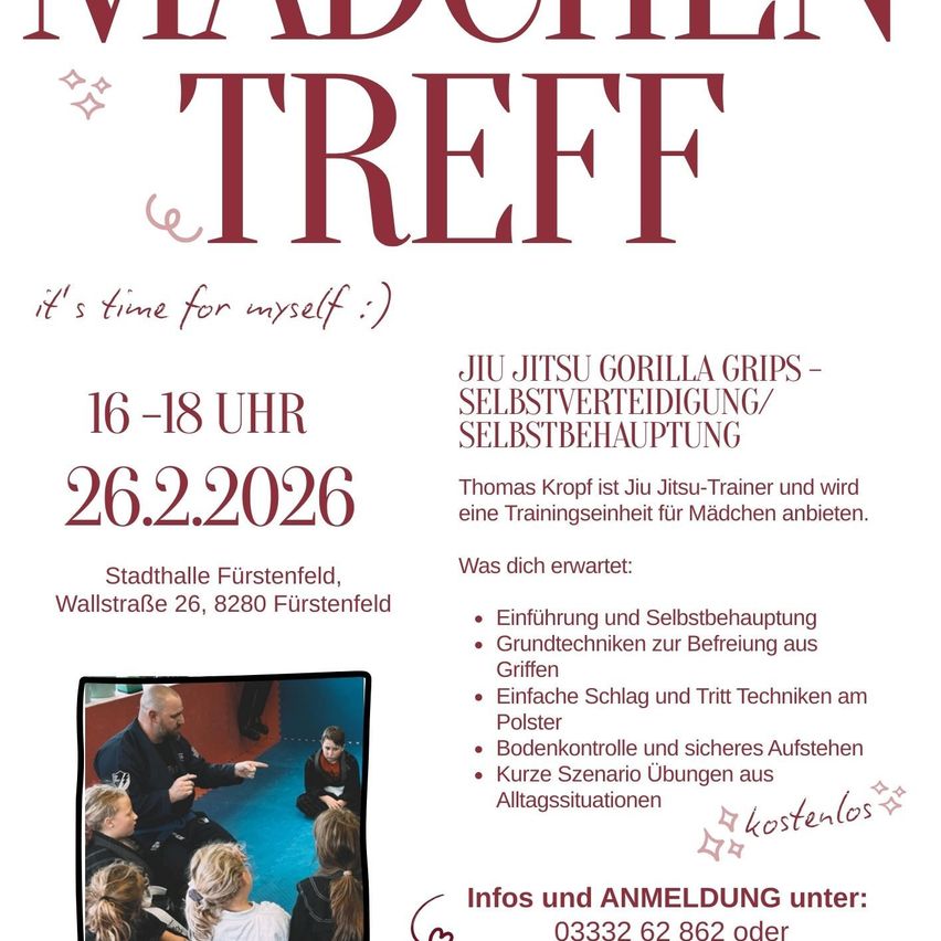 Plakat für eine Kampfsport-Trainingseinheit. Es zeigt einen Ausbilder mit Schülern, Datum 26.2.2026 und eine Liste von Techniken. Der Ort ist Stadthalle Furstenfeld.