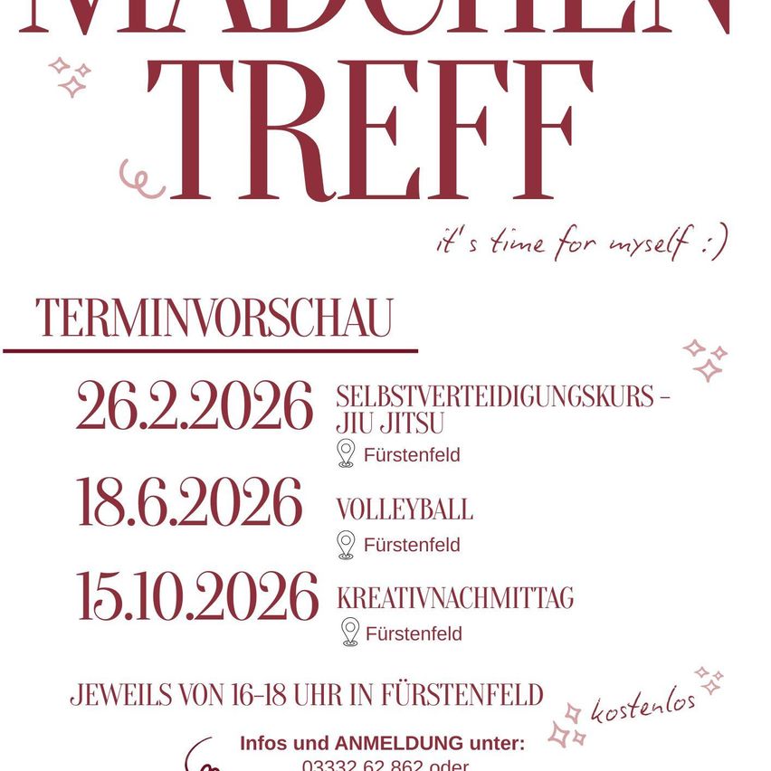Das Bild zeigt ein Plakat für die "Madonnentreff" Veranstaltung. Termine und Aktivitäten umfassen einen Selbstverteidigungskurs am 26.2.2026, Volleyball am 18.6.2026 und einen Kreativabend am 15.10.2026, alle in Furstenfeld. Freier Eintritt, von 16-18 Uhr.