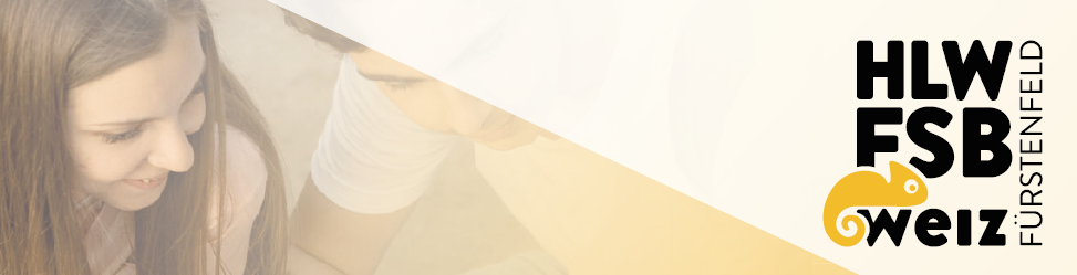 Eine lächelnde Frau und ein Mann schauen sich an. Die Worte HLV FS sind in Schwarz angezeigt, und ein gelbes Chamäleon-Logo steht neben dem Text Wir.