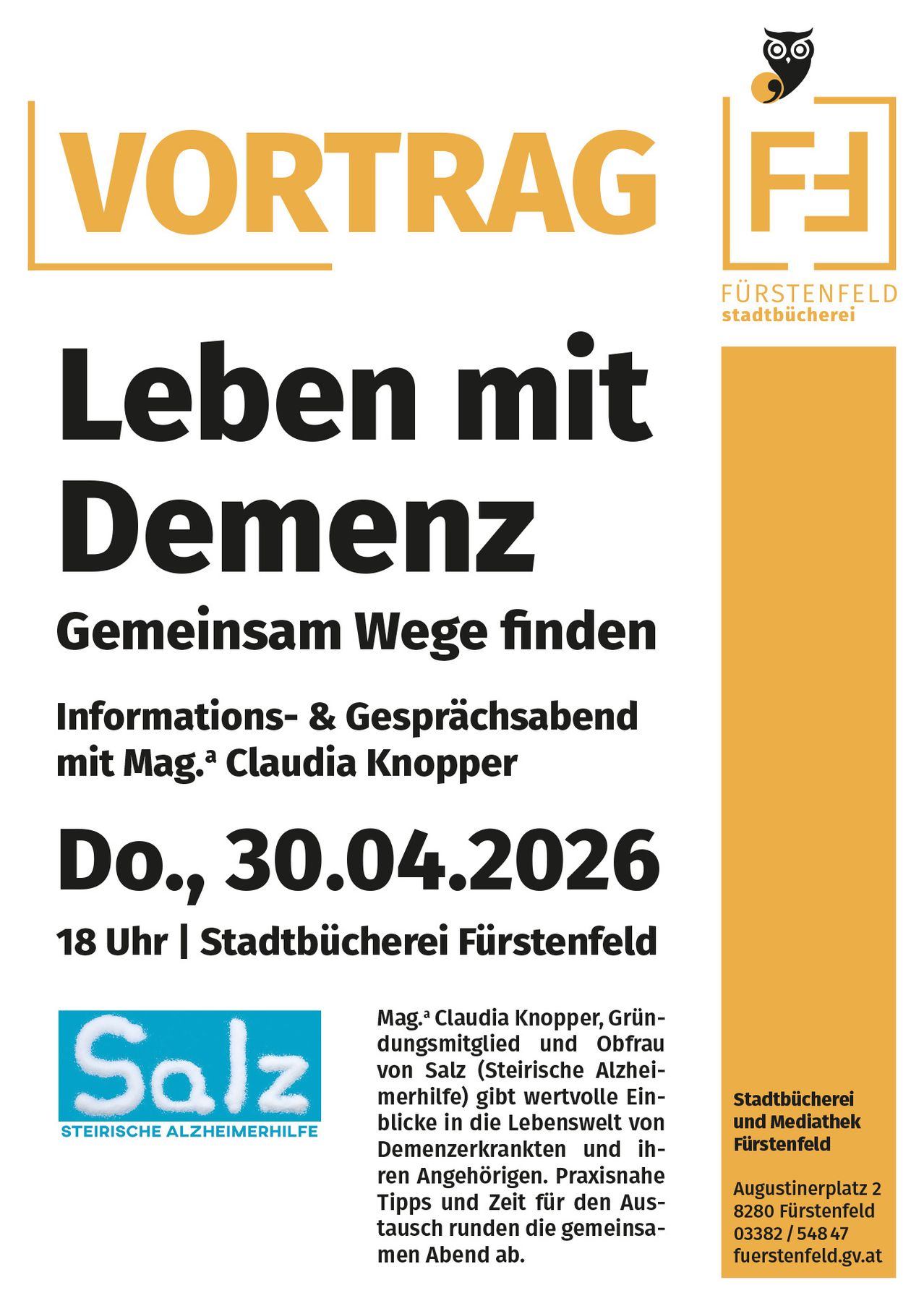 Ein Informations- und Gesprächsabend zum Thema 'Leben mit Demenz' mit Mag. Claudia Knopper. Datum: Donnerstag, 30. April 2026. Zeit: 18 Uhr. Ort: Stadtbucherei Furstenfeld.