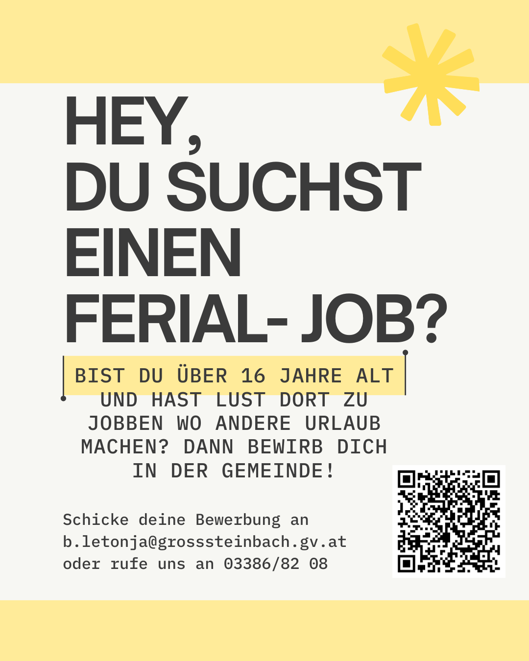 Ein Plakat sucht Bewerber für einen Ferienjob. Es lädt Personen über 16 mit Urlaubszeit ein, sich in der Gemeinde zu bewerben. Kontaktdetails sind angegeben.