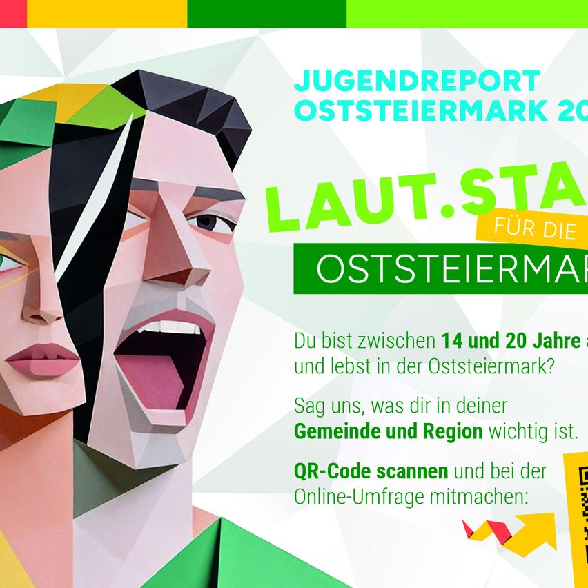 Plakat für den Jugendreport der Oststeiermark 2023. Es zeigt ein farbenfrohes, geometrisches Gesicht einer Person mit offenem Mund. Der Text ist in deutscher Sprache verfasst.