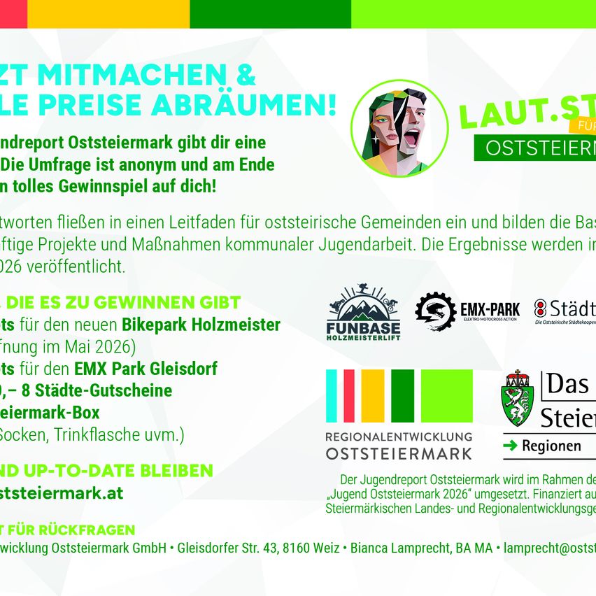 Der Jugendreport Steiermark bietet einen Fragebogen, der am Ende anonym ist und mit einem Gewinnspiel verbunden ist. Die Antworten fließen in einen Leitfaden für steirische Gemeinden ein und zeigen aktive Projekte und Maßnahmen der kommunalen Jugendarbeit. Die Ergebnisse werden 2026 veröffentlicht.