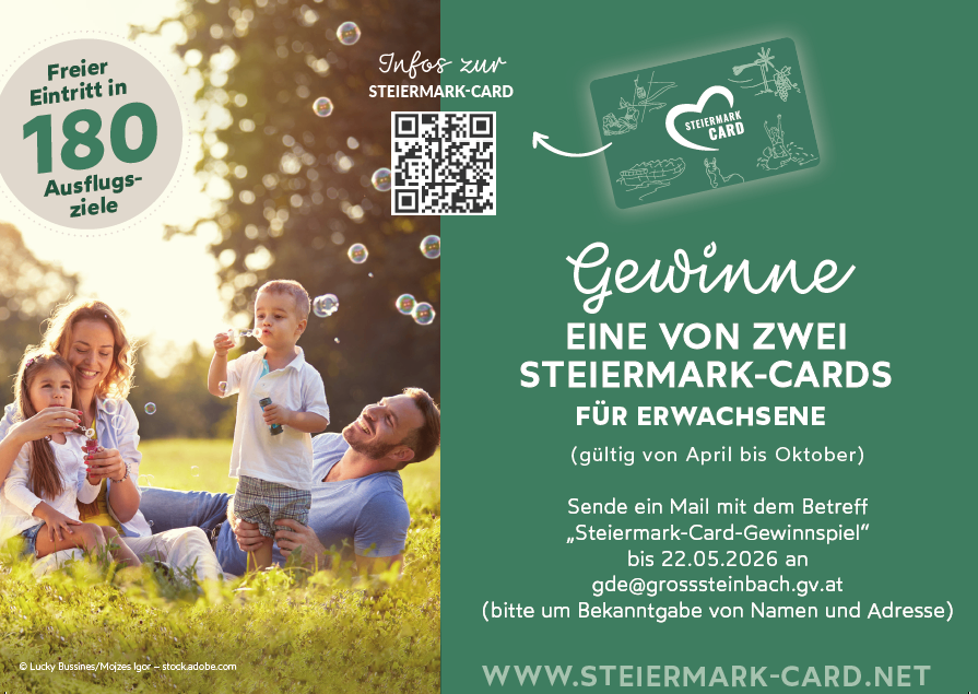 Eine Werbung für einen Wettbewerb zum Gewinnen einer von zwei Steiermark-Karten für Erwachsene, gültig von April bis Oktober. Die Karte zeigt verschiedene Illustrationen und der Text ist auf Deutsch geschrieben.