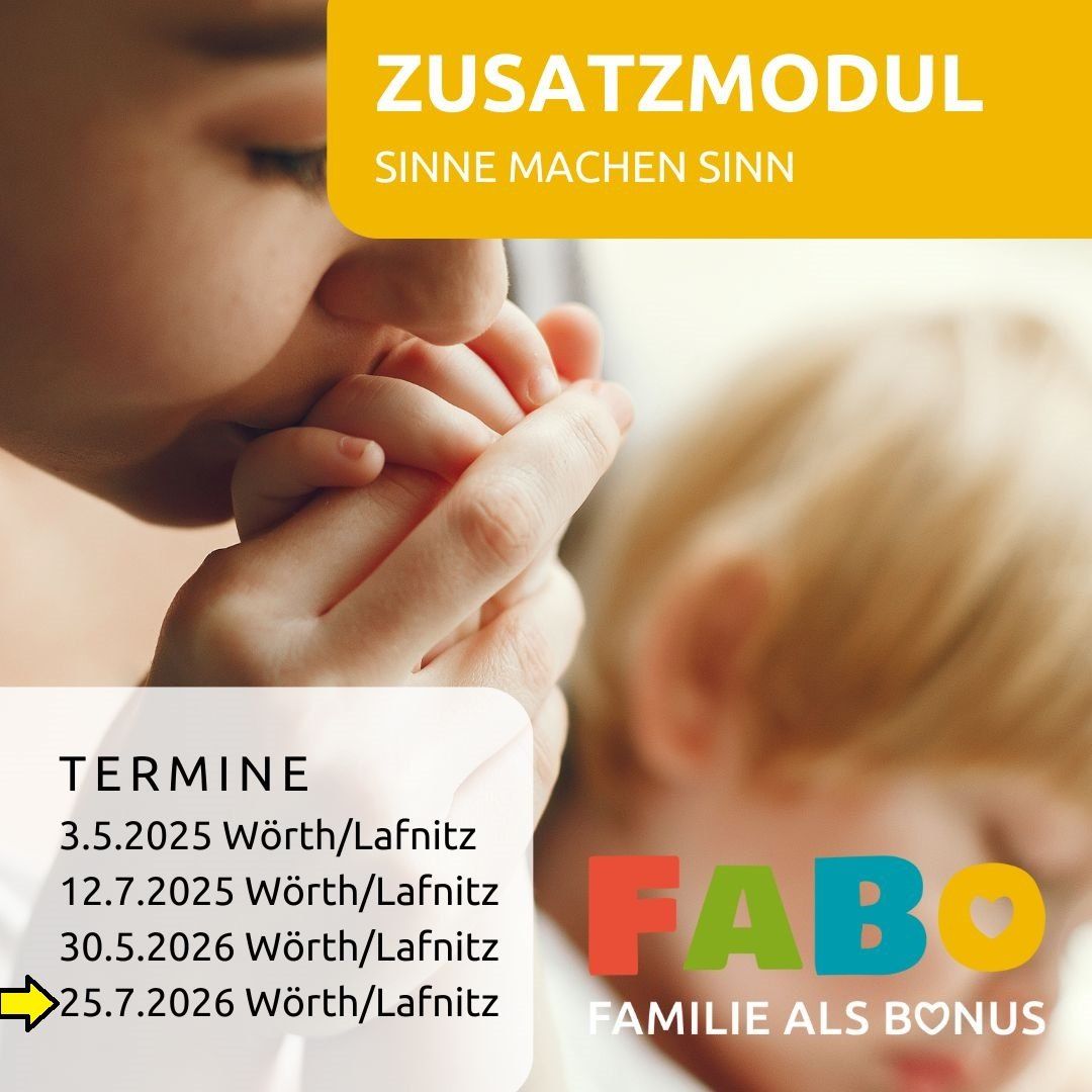 Ein Werbeposter für ein Familienbonusprogramm zeigt eine Mutter und ein Kind. Der Text lautet 'Zusatzmodul Sinn machen Sinn' und listet Termine für Veranstaltungen in Worth/Lafnitz auf. Das Logo 'FABE' ist abgebildet.