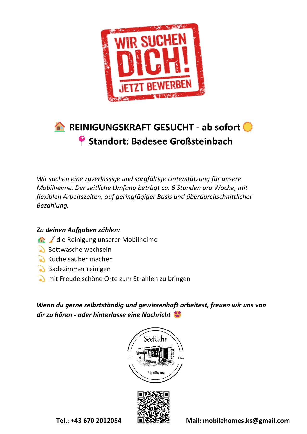 Stellenausschreibung für Reinigungskräfte. Sofortiger Start in Badesee Großsteinbach. Suche nach zuverlässiger Unterstützung für unsere Mobilheime. Wöchentliche Stunden ca. 6, flexible Zeiten, geringfügige Bezahlung. Zu den Aufgaben gehören das Reinigen von Mobilheimen, Wechseln der Bettwäsche, Reinigen von Küchen und Badezimmern. Bringe Freude in saubere Orte.