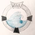Eine handgezeichnete Illustration eines Rettungsrings mit den Buchstaben 'WG611' oben und einer Ozeanwelle in der Mitte. Die Welle ist blau und weiß gefärbt.