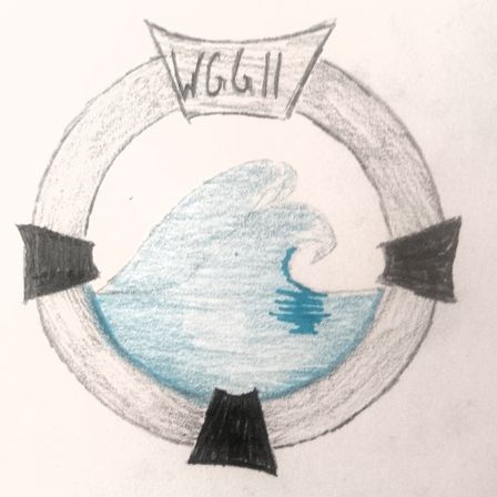 Eine handgezeichnete Illustration eines Rettungsrings mit den Buchstaben 'WG611' oben und einer Ozeanwelle in der Mitte. Die Welle ist blau und weiß gefärbt.
