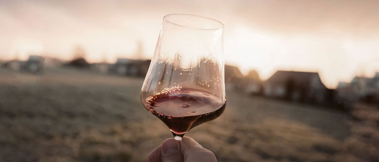 Eine Hand hält ein Weinglas mit rotem Wein, vor dem Hintergrund eines Sonnenuntergangs einer ländlichen Landschaft.