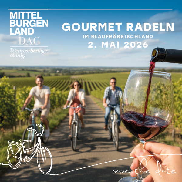 Poster with three people biking in vineyards, a glass of red wine, and the text 'Gourmet Radeln im Blaufränkischland 2. Mai 2026'.