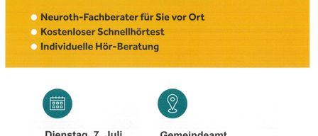 Hearing test advertisement. Free hearing test, expert advice, and quick on-site test. Date: July 7, Time: 4-6 PM. Location: Community Office, Kobershof. Service hotline: 00800 8001 8001. Partner of all health insurance companies, neuroth.com.