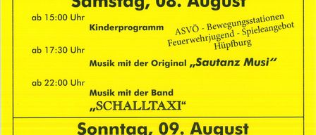 Plakat für Veranstaltungen in Kobersdorf am 8. und 9. August 2026. Samstag beinhaltet ein Kinderprogramm, Musik von Sautanz Musi und Schalltaxi. Sonntag hat Gottesdienste, Frühstück mit Werkkapelle Kobersdorf und eine Tombola.