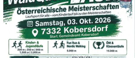 Plakat für WaldQuelle Lauf, ein Laufevent in Kobersdorf, Österreich, geplant für den 3. Oktober 2026. Es zeigt verschiedene Rennkategorien, Startzeiten und Details zur Veranstaltung.