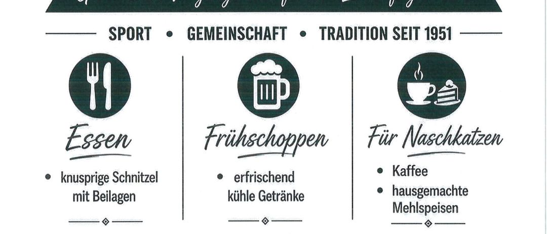 Plakat für das 75-jährige Jubiläum von Asko Oberpetersdorf. Es zeigt Symbole für Essen, Bier und Kaffee, zusammen mit Informationen zum Datum, zur Zeit und zu den Aktivitäten der Veranstaltung.
