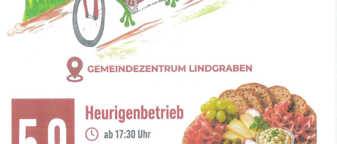 Ein illustriertes Plakat mit zwei Fröschen auf einem Tandemfahrrad mit angeschlossener Schlauch, zur Bewerbung einer Veranstaltung im Gemeindezentrum mit Essen und Party.