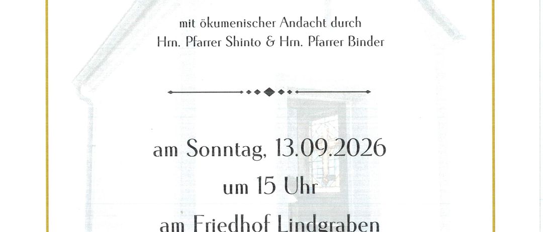 Eine Einladungskarte zur feierlichen Segnung des Lindgraben-Grundstücks mit Haussilhouette, Datum, Uhrzeit und Ort.