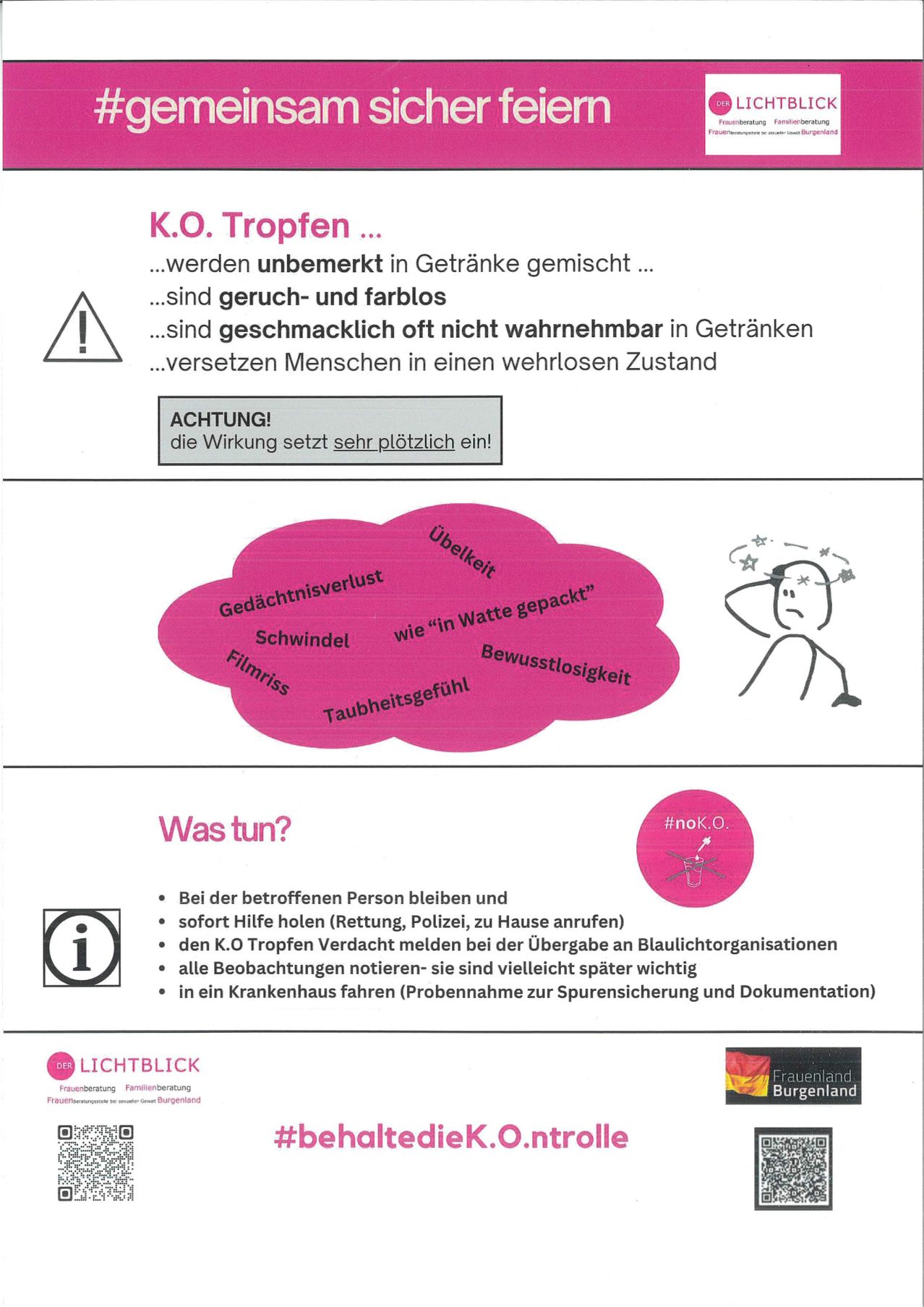 Ein Plakat mit einer rosafarbenen, wolkenartigen Illustration um den Text 'K.O. Tropfen'. Die Wolke enthält Phrasen wie 'Unbemerkt in Getränken', 'Geruch- und farblos' und 'Plötzliche Wirkung'. Unter der Wolke enthält eine Sprechblase Begriffe wie 'Gedächtnisverlust', 'Schwindel' und 'Bewusstlosigkeit'. Daneben befindet sich eine Notiz mit dem Hashtag '#nokO'. Unten steht eine Checkliste mit sofortigen Handlungsempfehlungen für Betroffene.