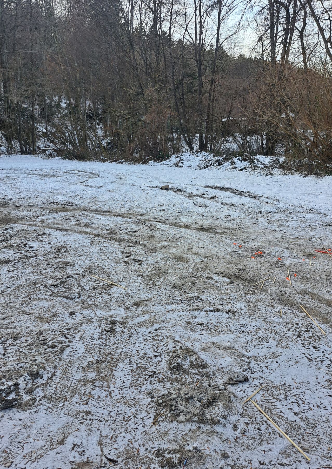 Eine verschneite Landschaft mit Reifenspuren und orangefarbenen Markierungen auf dem Boden. Die Bäume sind kahl und es gibt einen kleinen Hügel im Hintergrund.