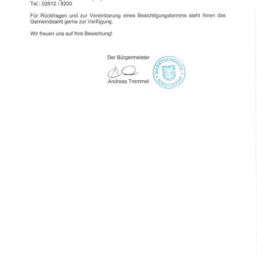Official letter from the Mayor of the Municipality of Kobersdorf, inviting for an appointment and providing contact details.