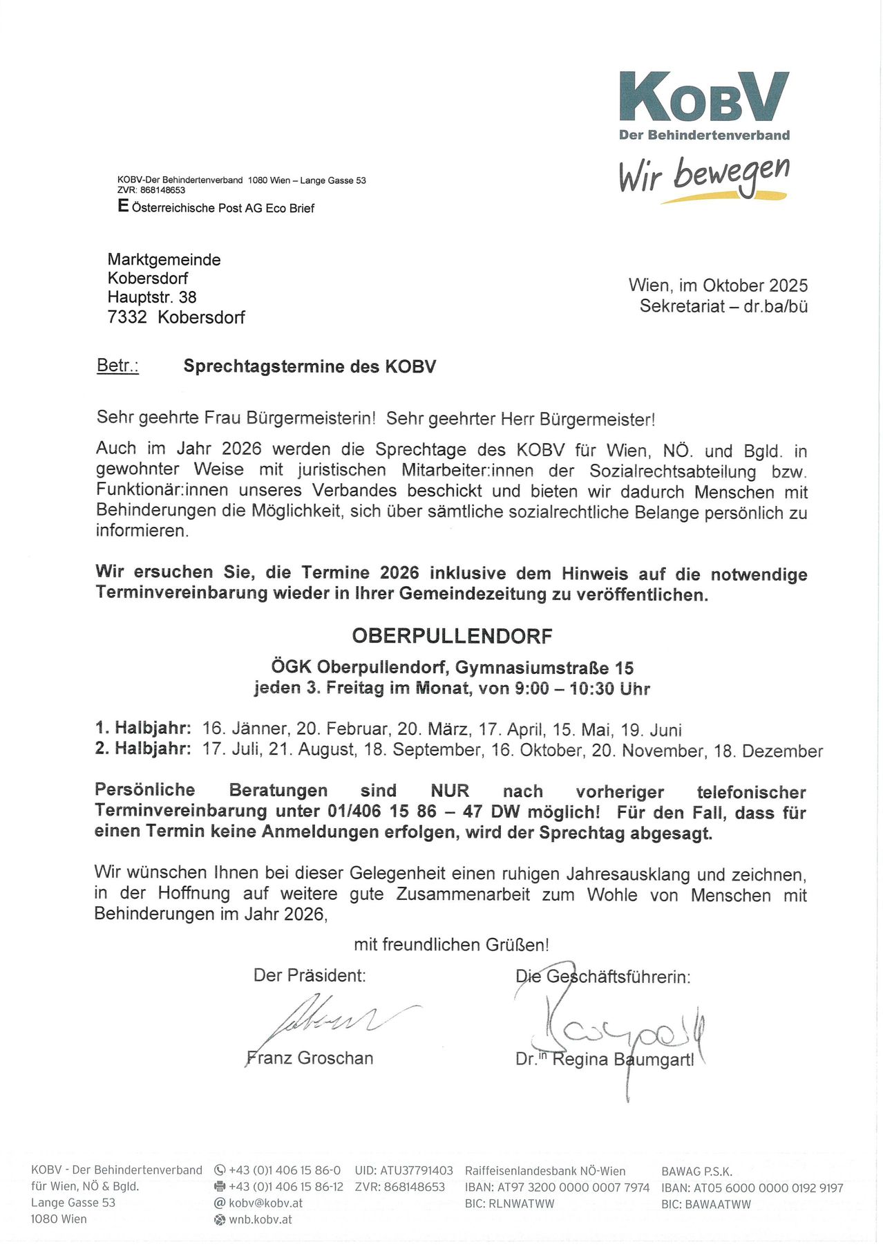 The document contains information about the speaking dates of the KOBV for the year 2026, inviting legal employees to attend. It mentions the schedule for personal consultations, which require prior appointment. It also includes a note of appreciation for continued cooperation in 2026.