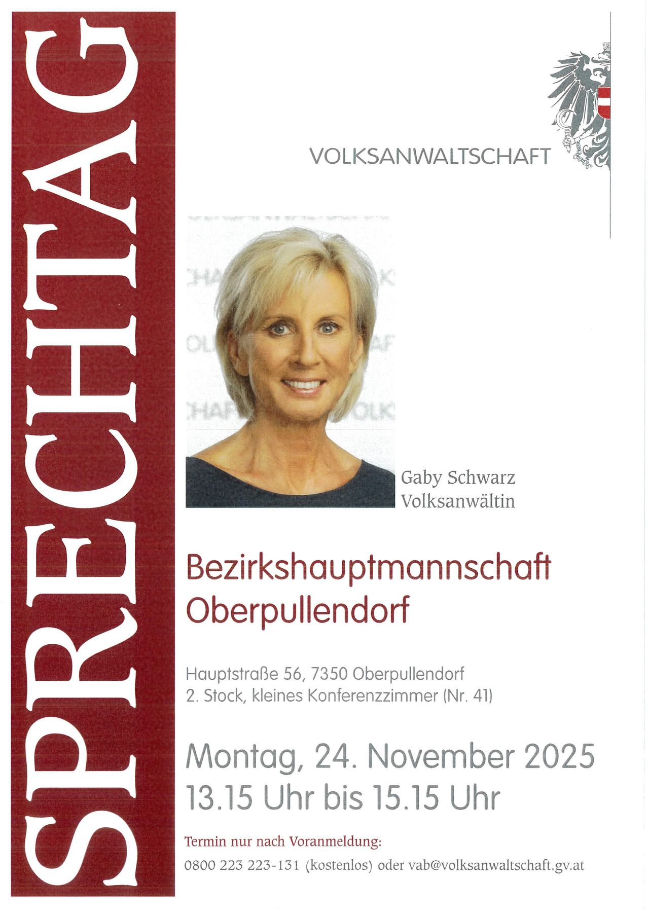 Poster for Gaby Schwarz, a district councilwoman of Oberpullendorf, with her photo, address, and date of a meeting on November 24, 2025.