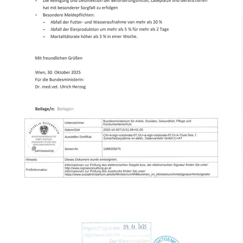 Official document from the Republic of Austria. Contains guidelines for feeding, cleaning, and disinfection of feeding equipment. Dated October 30, 2025, addressed to the Federal Minister. Includes details like feeding certificate number, issue date, and signature.