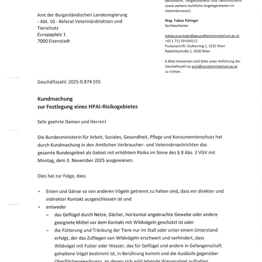 The image shows a document with contact information and details about a risk area designation. The contact details include a name, phone number, and email address. The document discusses the designation of an entire federal area as a high-risk area under the Animal and Veterinary Notification Act. It mentions specific measures for geese and ducks.