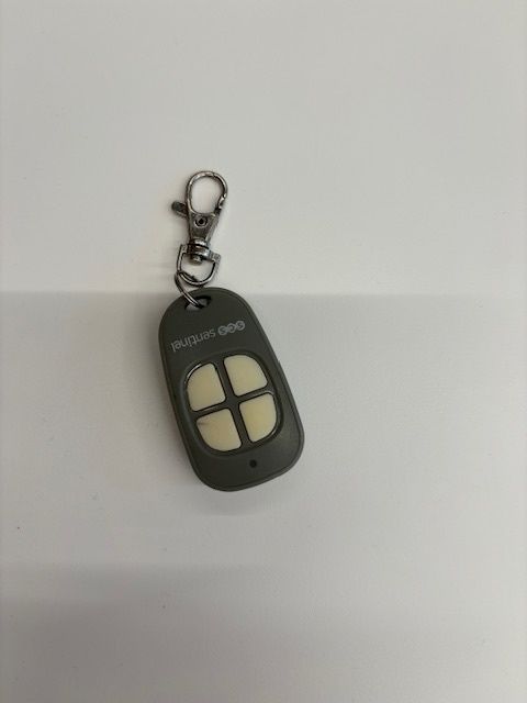 A gray remote control keychain with a white square button is shown.