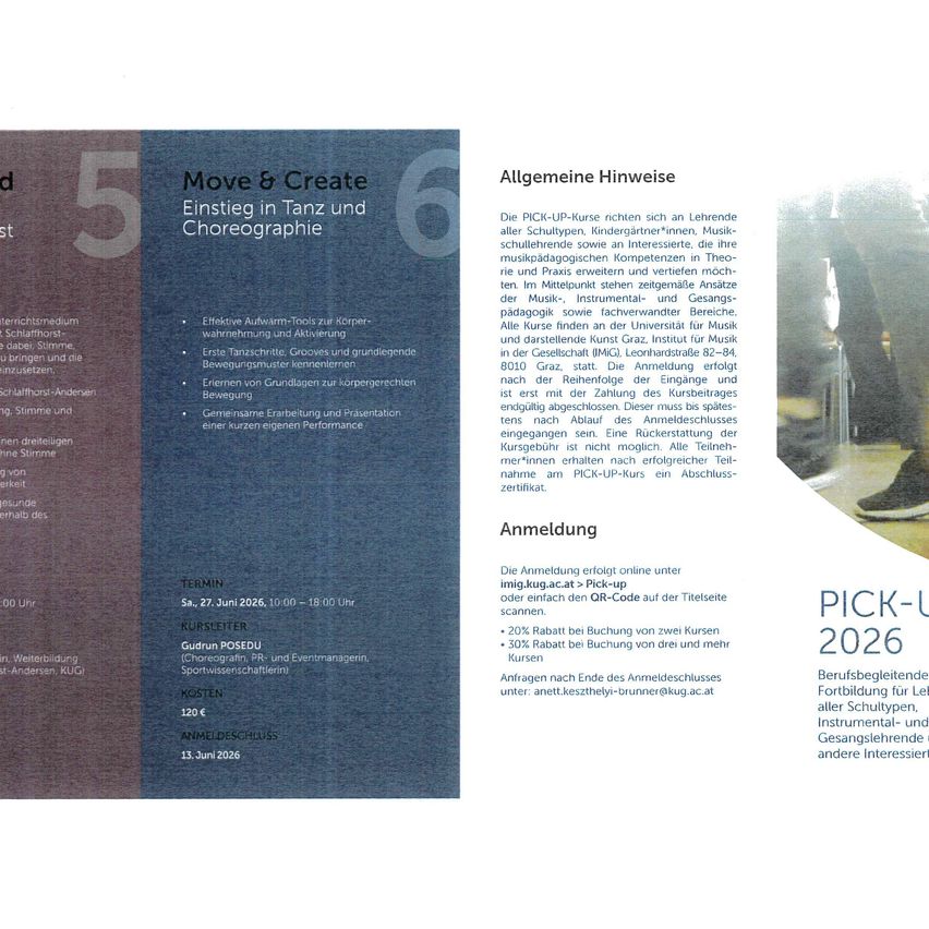 Dokument zeigt 'Move & Create' mit Tanz- und Choreographieanweisungen. Datum und Uhrzeit: Sa., 27. Juni 2026, 10:00–18:00 Uhr. Ort: Gudrun Posedi, Choreografin, PR und Eventmanagerin, Sportwissenschaftschattlerin. Kosten: 120€. Anmeldeschluss: 13. Juni 2026. Allgemeine Hinweise betonen, dass PICK-UP-Kurse keine Tanzstunden sind, sondern dazu dienen, die Choreographie und das Praktizieren zeitgenössischen Tanzes einzuführen.